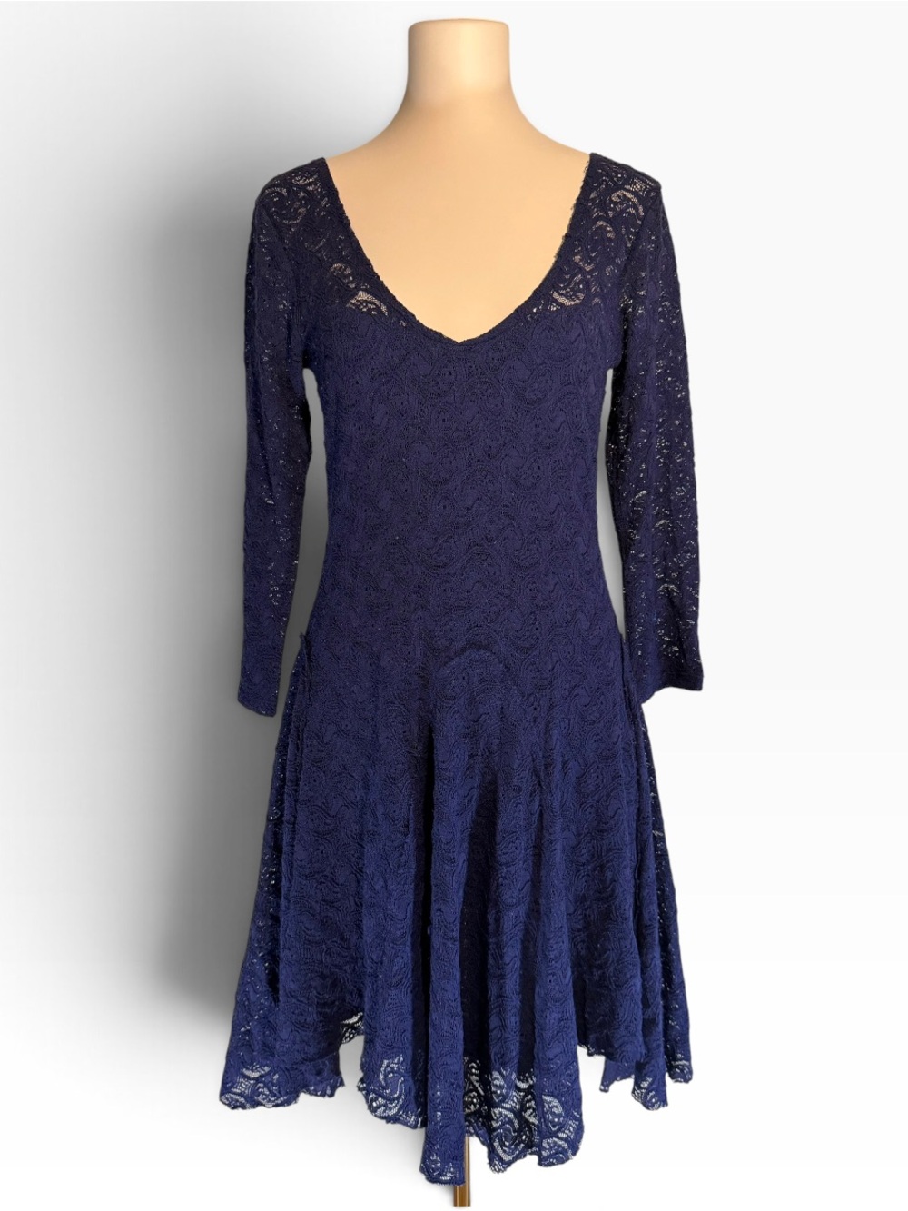Free People Navy Lace Dress M Long Sleeve Handkerchief Hem Drop Waist Stretch